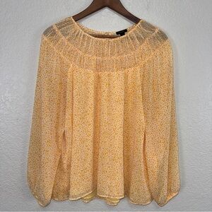Ann Taylor Floral Sheer‎ Shirt Blouse Top Large Dotted Yellow Blouse Office #cc